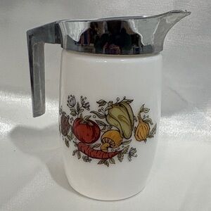 White Glass creamer with Harvest Vegetable Decal and plastic Lid